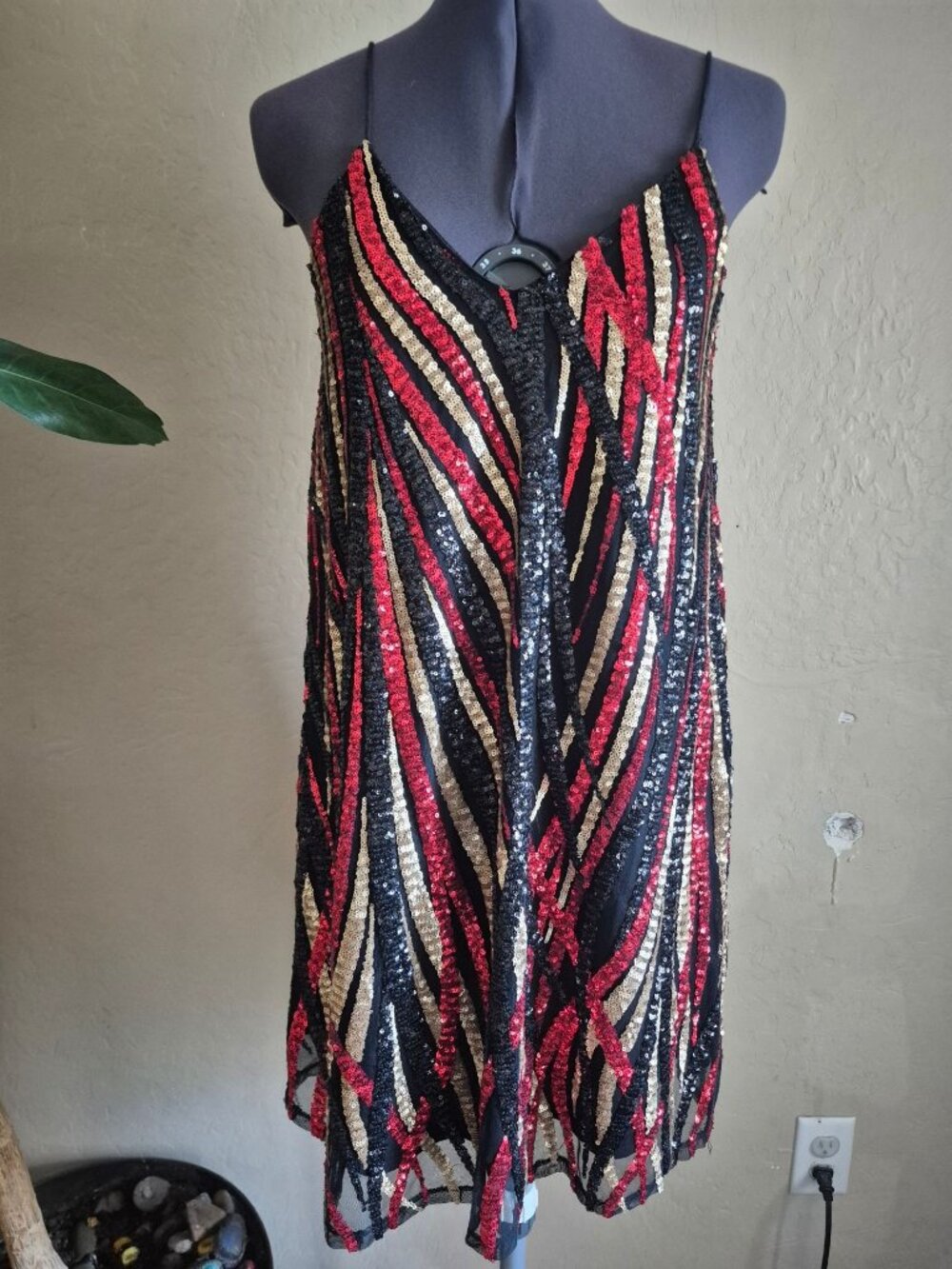 Loveriche Sequin Striped Black Red Gold Mini Dress Size S